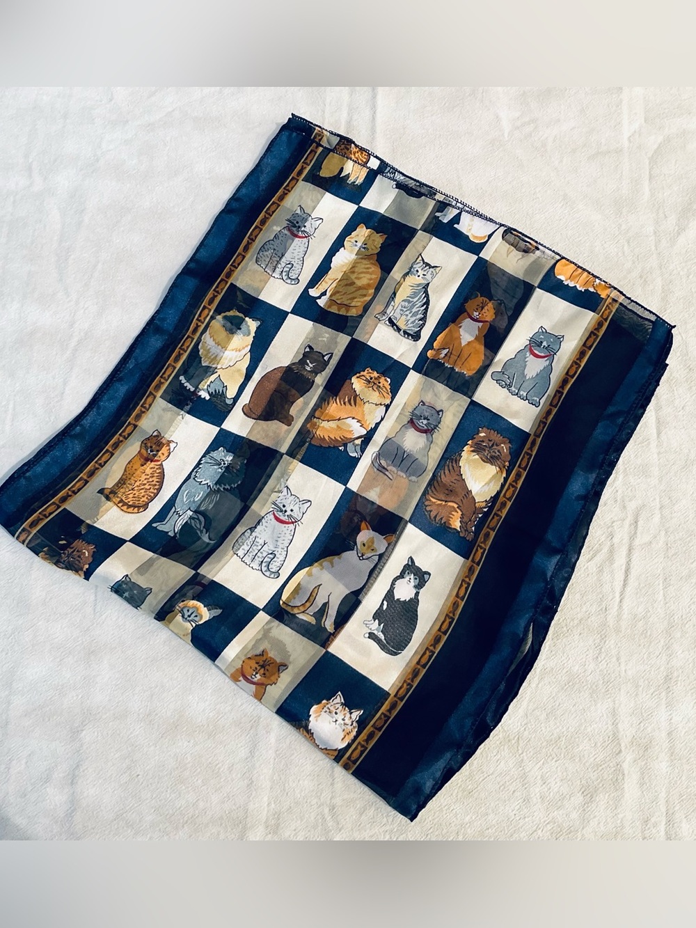 Cat Scarf Semi Sheer Navy Blue Multiple Cats 59"x 13” Silky Polyester